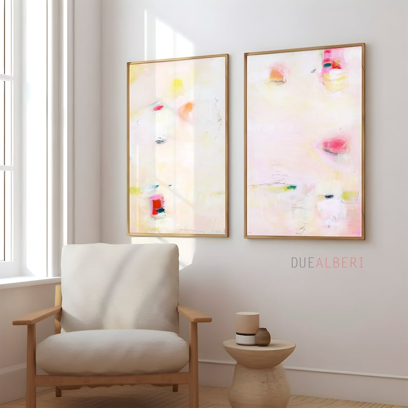 Abstract prints set 2 textured pale pink Beige orange green neutral colors art, Large modern eclectic abstract painting set image 5