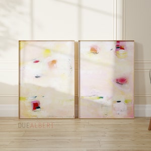 Abstract prints set 2 textured pale pink Beige orange green neutral colors art, Large modern eclectic abstract painting set image 2