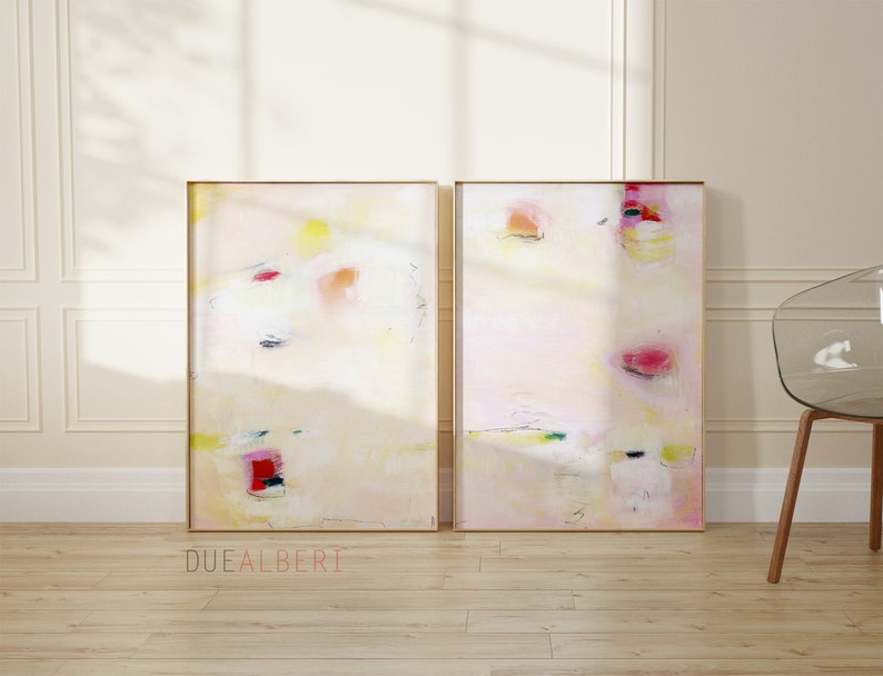 Abstract prints set 2 textured pale pink Beige orange green neutral colors art, Large modern eclectic abstract painting set image 2