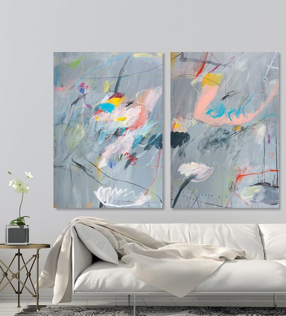 Large ABSTRACT PAINTING Set of 2 Canvas Painting above couch Etsy