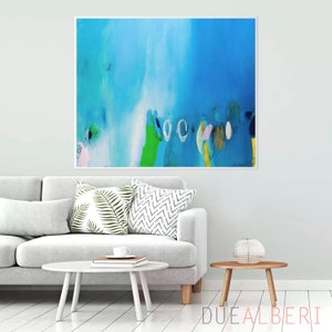 Extra large turquoise wall art print, Light blue abstract painting print on canvas, Landscape abstract for modern living room decor