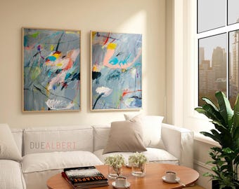 Abstract Floral Wall Art: Pastel Pink and Grey - Set of 2 Prints