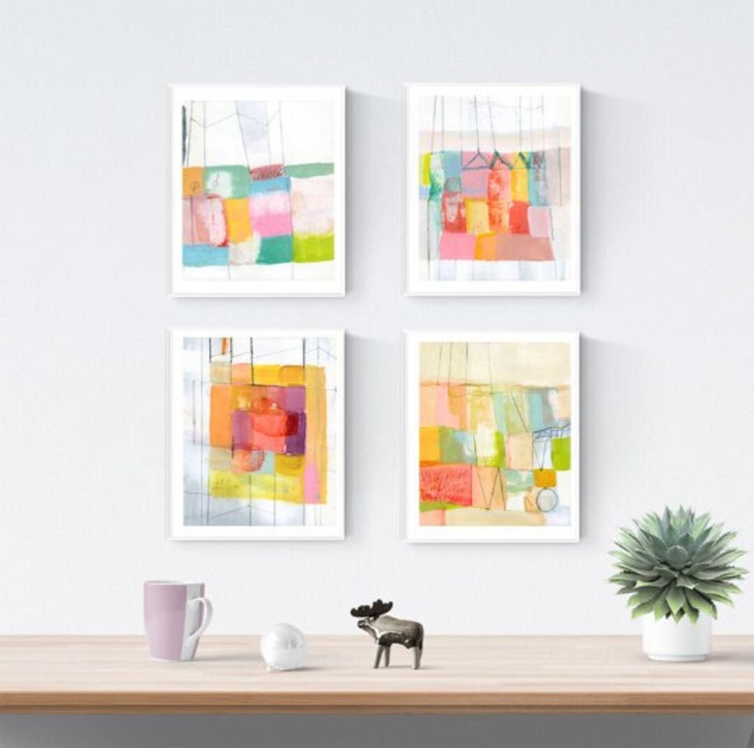 Abstract Art, Set of Four Wall Art, Large Giclee Joyful Print, Pink and