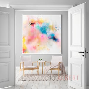 Stampa artistica astratta, dipinto testurizzato rosa chiaro, blu crema, stampa artistica da parete moderna extra large, arte minimalista con carta testurizzata