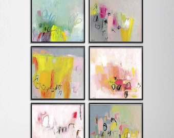 Colorful Abstract Print Set of 6 - Pink Teal, Modern Large Wall Art