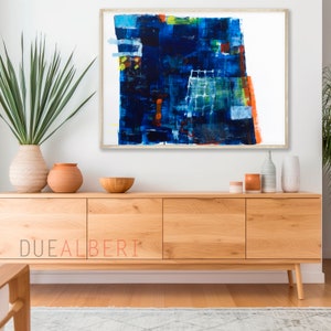 Impression d'art mural abstrait bleu foncé moderne, art mural éclectique coloré et lumineux, grande peinture abstraite joyeuse bleue et multicolore.