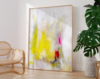 Yellow Abstract Painting, Large White Wall Art, Extra Large Minimal Art Print, Above Couch