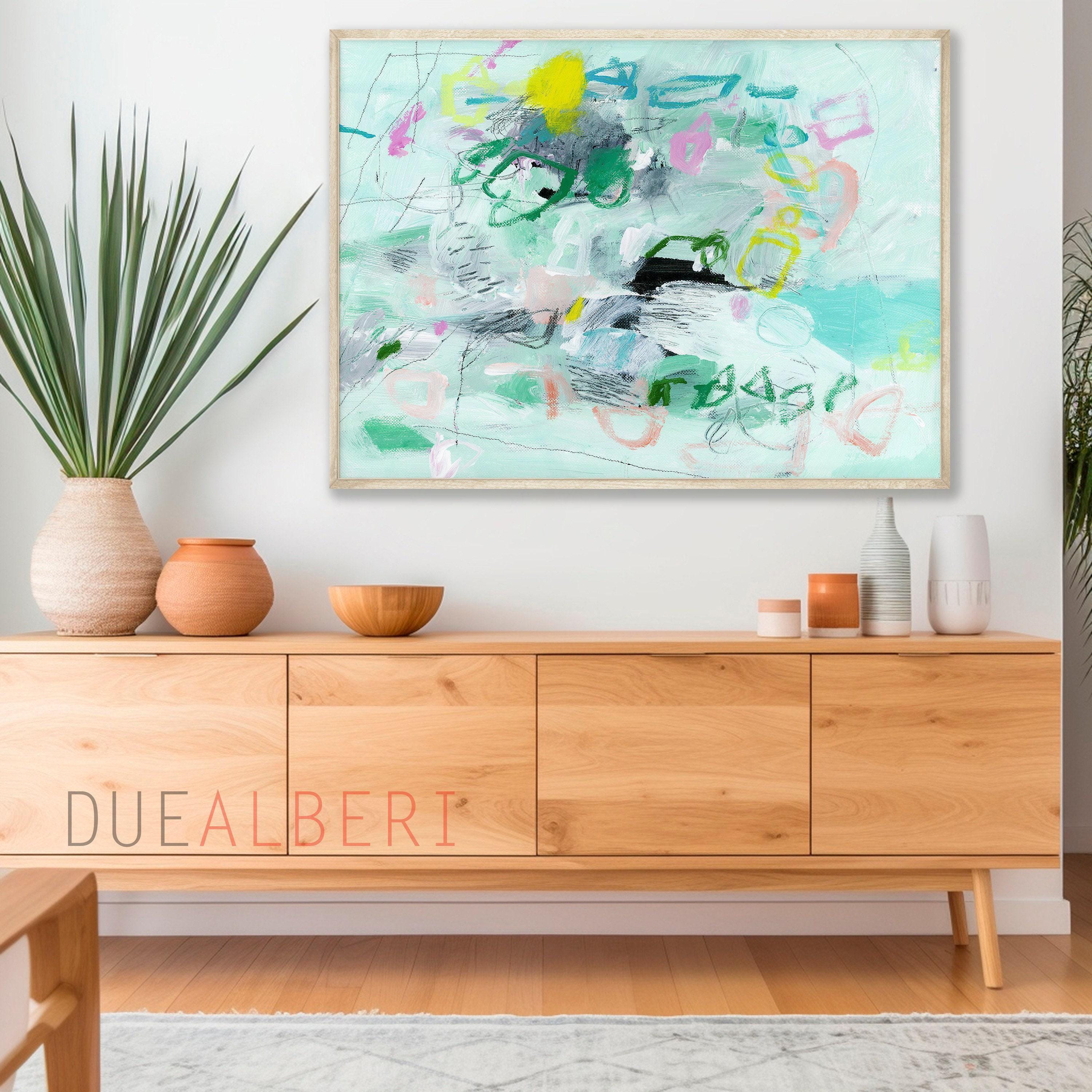 Mint Green Abstract Canvas Print, Teal Aqua Large Modern Wall Art