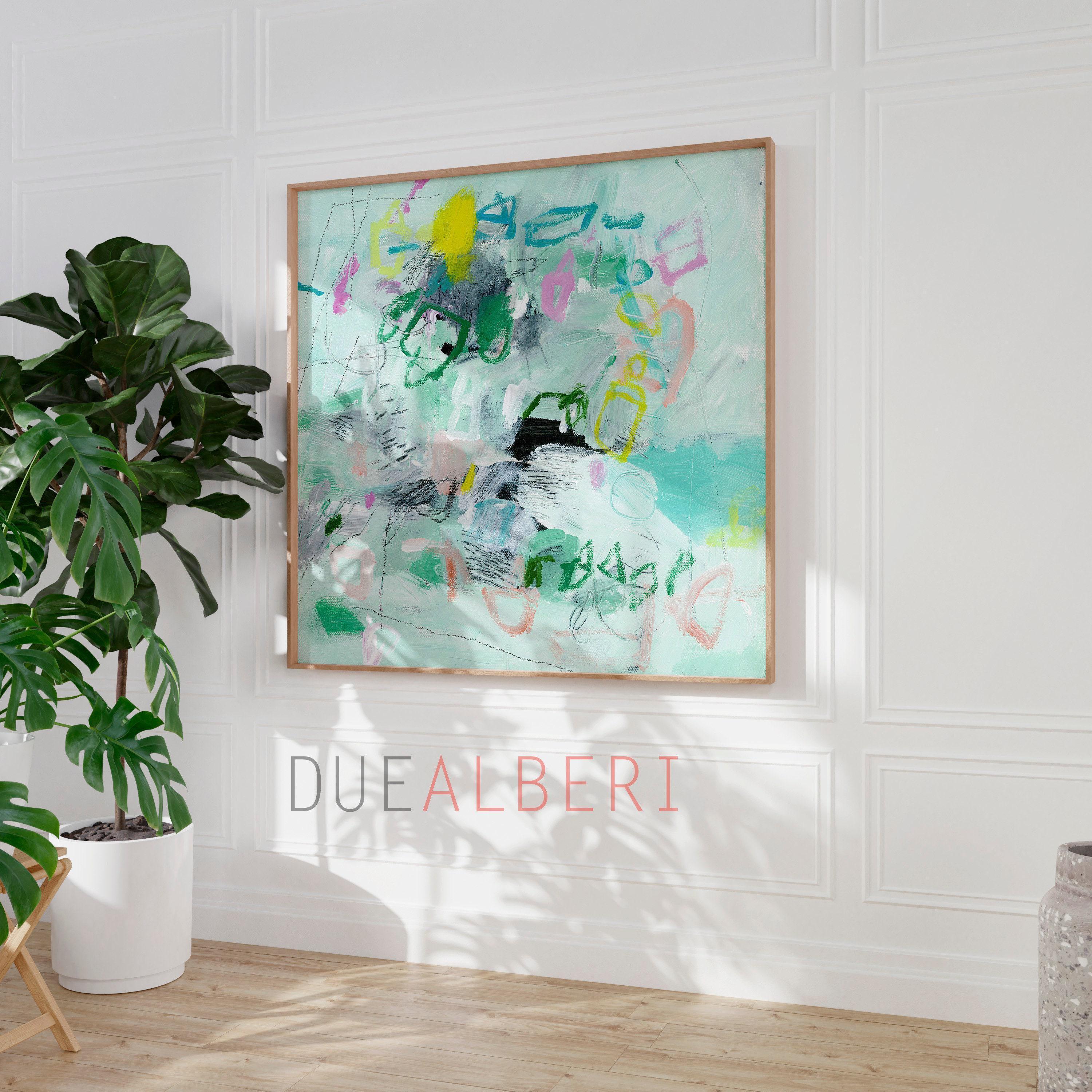 Mint Green Abstract Canvas Print, Teal Aqua Large Modern Wall Art