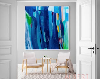 Blue Abstract Painting Print, Large Canvas Wall Art, Colorful Modern Giclée Reproduction