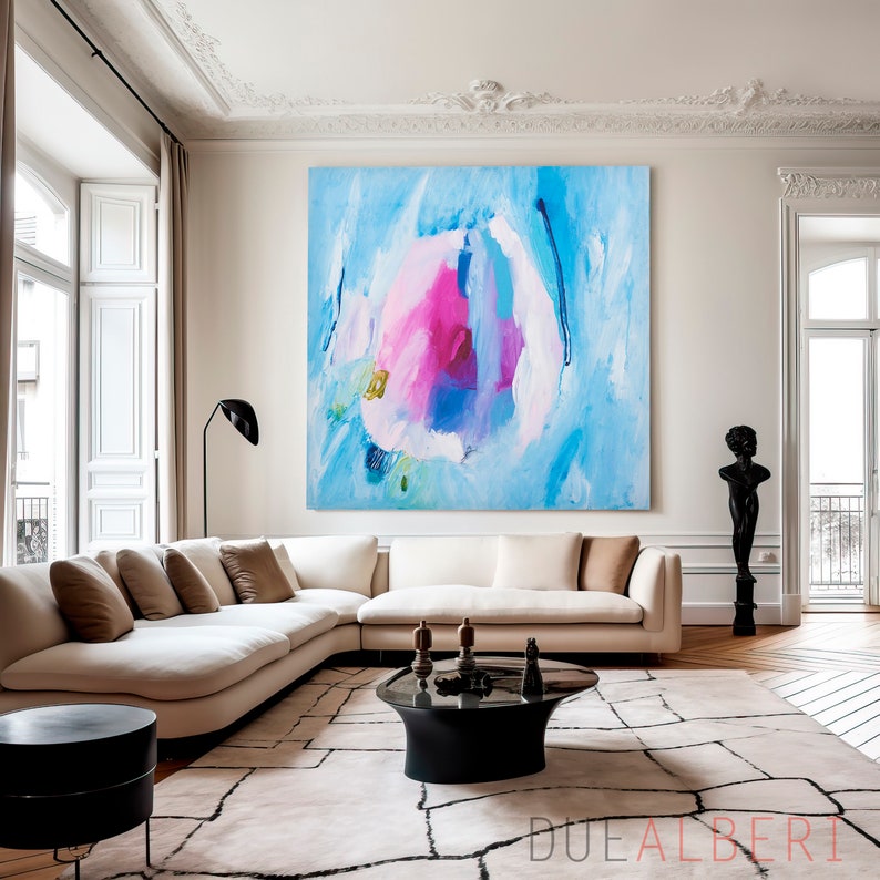 Abstract art print, Bright pastel blue and pink modern abstract painting, Statement living room wall art, Minimalist blue pink art image 8