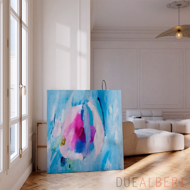 Abstract art print, Bright pastel blue and pink modern abstract painting, Statement living room wall art, Minimalist blue pink art image 3