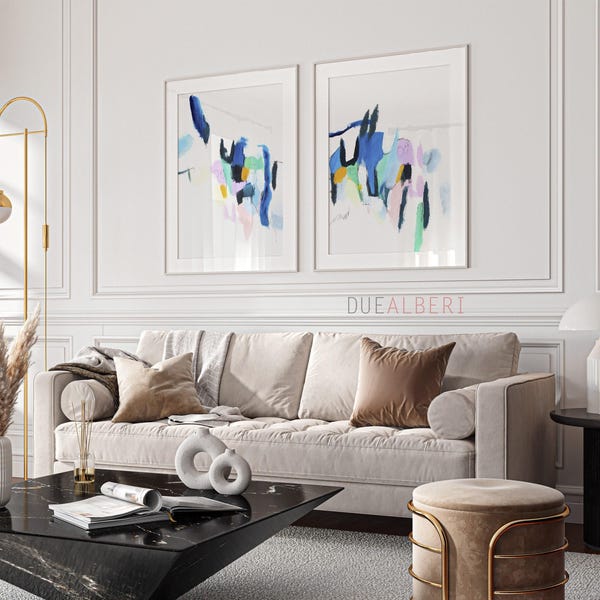 Abstract Giclée Print Set of 2, Pastel Mid Century Modern Wall Art