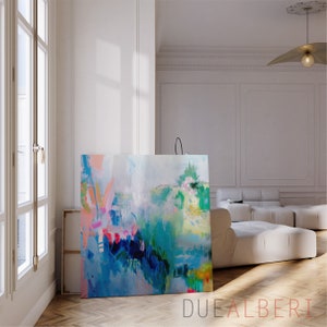 Large abstract blue pink teal painting colorful Canvas, Large Abstract Print painting. Canvas painting, large art print gift for the home image 5