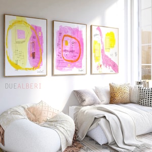 Set of 3 Prints Pink and yellow , Abstract Painting, 3 piece wall art prints for living room, gift for her trending now