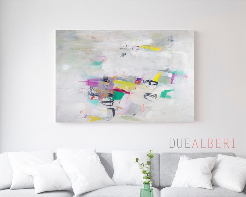 Large Abstract Painting print, lextra large wall art, teal green pastel yellow abstract art, landscape canvas painting print, expressive art image 9