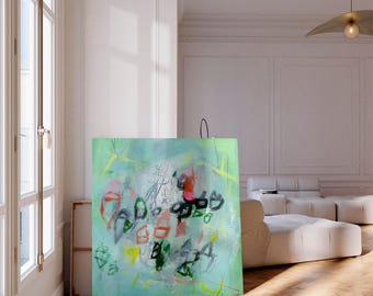 Turquoise Abstract Art Print, Large Pink Green Canvas Print