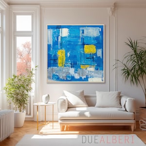 Blauwe abstracte schilderkunst, abstracte landschapsprint, prenten muurkunst, canvaskunst gicleeprint, groot schilderij, kunst aan de muur woonkamer
