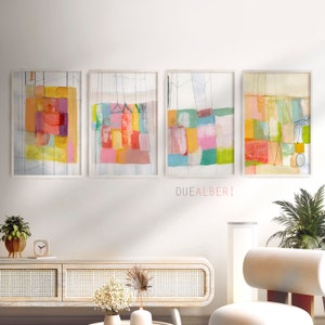 Pink and Orange Abstract Wall Art Set of 4, Modern Colorful Giclée Prints, Large Art for Bedroom or Living Room