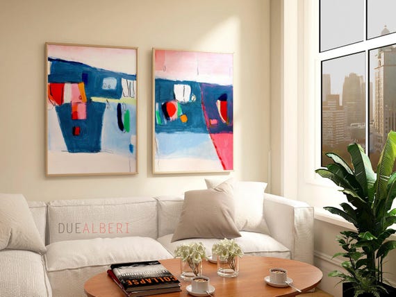 Mid Century Modern Abstract Painting Print Set, Pastel Blue and Pink Wall Decor