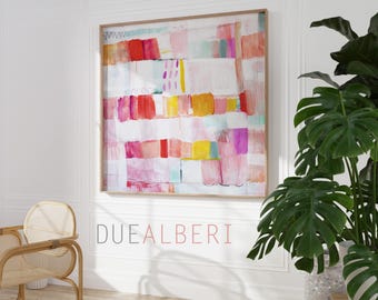 Stampa artistica astratta rosa, decorazione murale dai colori pastello tenui, grande dipinto astratto minimalista, arredamento moderno orizzontale