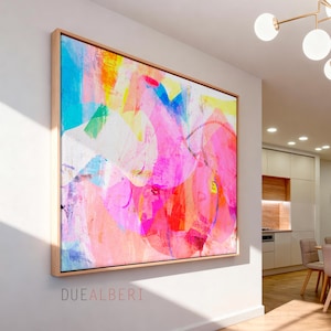 Lámina de arte abstracto colorido, arte mural giclée grande en rosa coral turquesa.