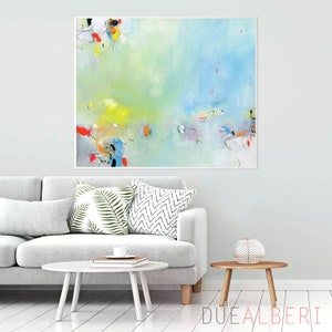 Colorful Abstract Painting Print, Joyful Vibrant Wall Art in Blue Yellow Green, Large Bright Modern Artwork for Eclectic Home Decor