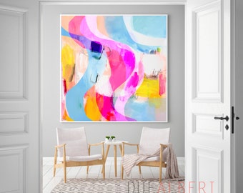 Impression de peinture abstraite vibrante, art mural abstrait, art mural rose vif orange et bleu