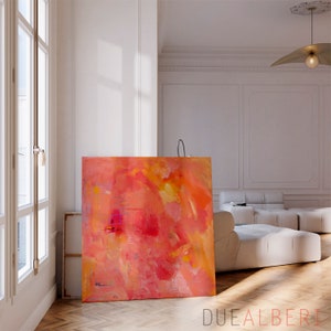 Oranje en roze abstract schilderij helder fucsia, grote abstracte muurkunst kleurrijke print, zacht koraalroze schilderij, pastelroze canvas print afbeelding 6