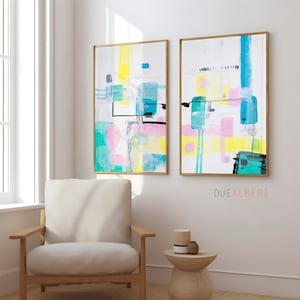 Abstract Prints Set of 2, Light Pink Blue Wall Art, Neutral Pastel Art Prints, Large Modern Art, Minimal Abstract Painting Pair