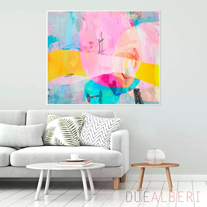 Abstract colorful painting print, Vibrant pink multicolor geometric art art, Vivid colors wall art , Extra large abstract art