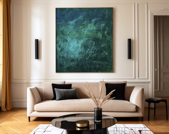 Tropical green blue wall art, Large abstract painting print, forest color palette, jungle art print, calming modern wall decor
