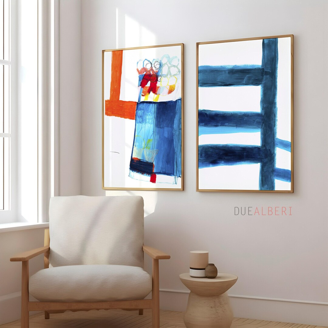 Abstract Art Print Set of 2, Blue Red Geometric Wall Art, Mid Century ...