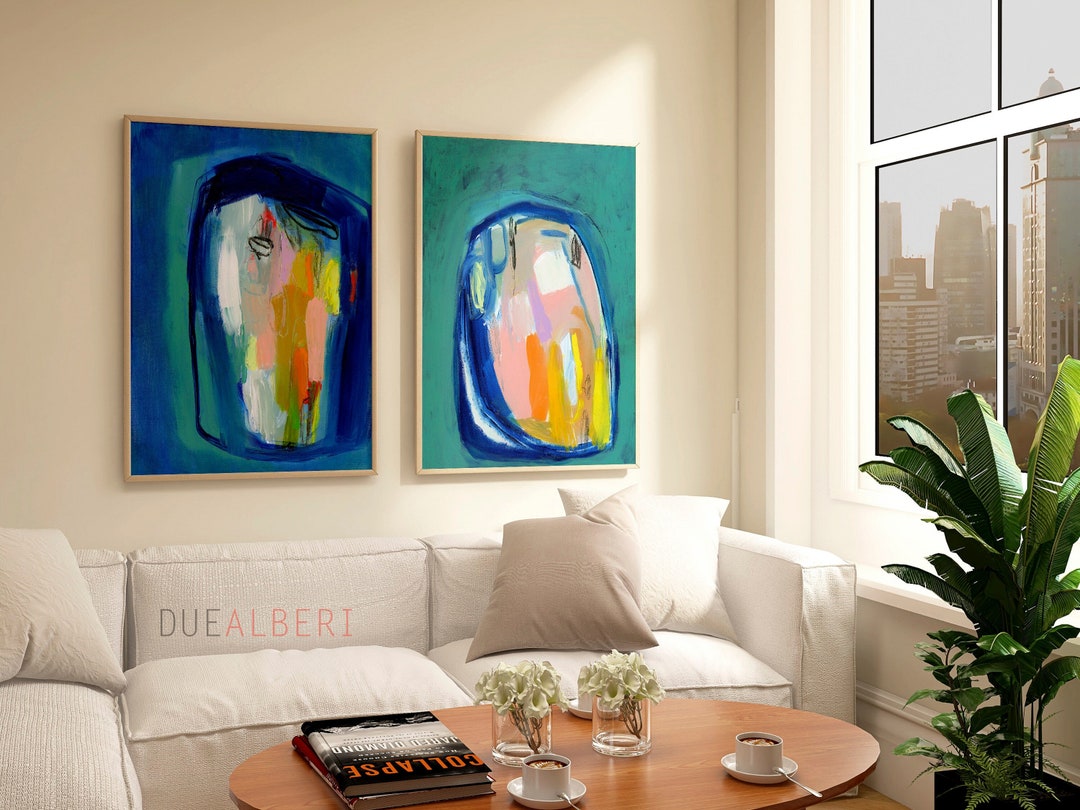 Set of Two Colorful Art Prints, Blue and Yellow Art Abstract Painting ...