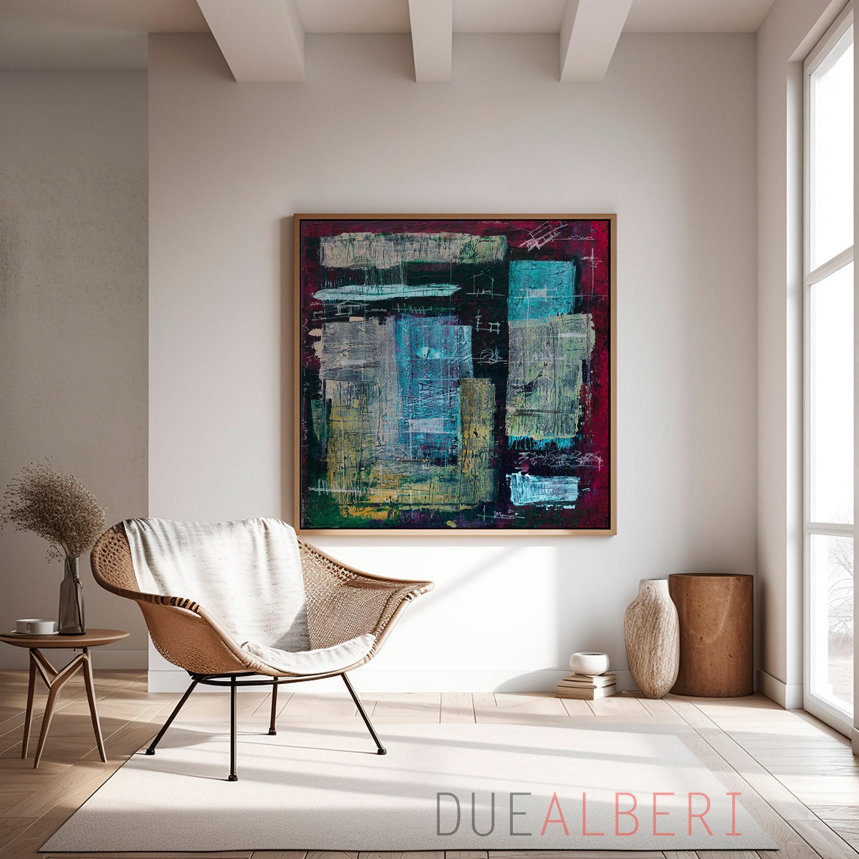 original abstract painting blue red mid century modern textured canvas…