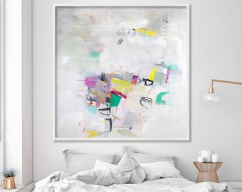 Large Abstract Painting PRINT. Extra large wall art. White canvas art, Master bedroom art.