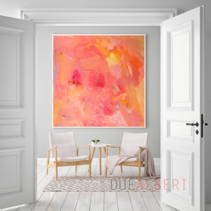 Oranje en roze abstract schilderij helder fucsia, grote abstracte muurkunst kleurrijke print, zacht koraalroze schilderij, pastelroze canvas print afbeelding 7