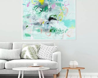 Mint Green Abstract Canvas Print, Teal Aqua Large Modern Wall Art