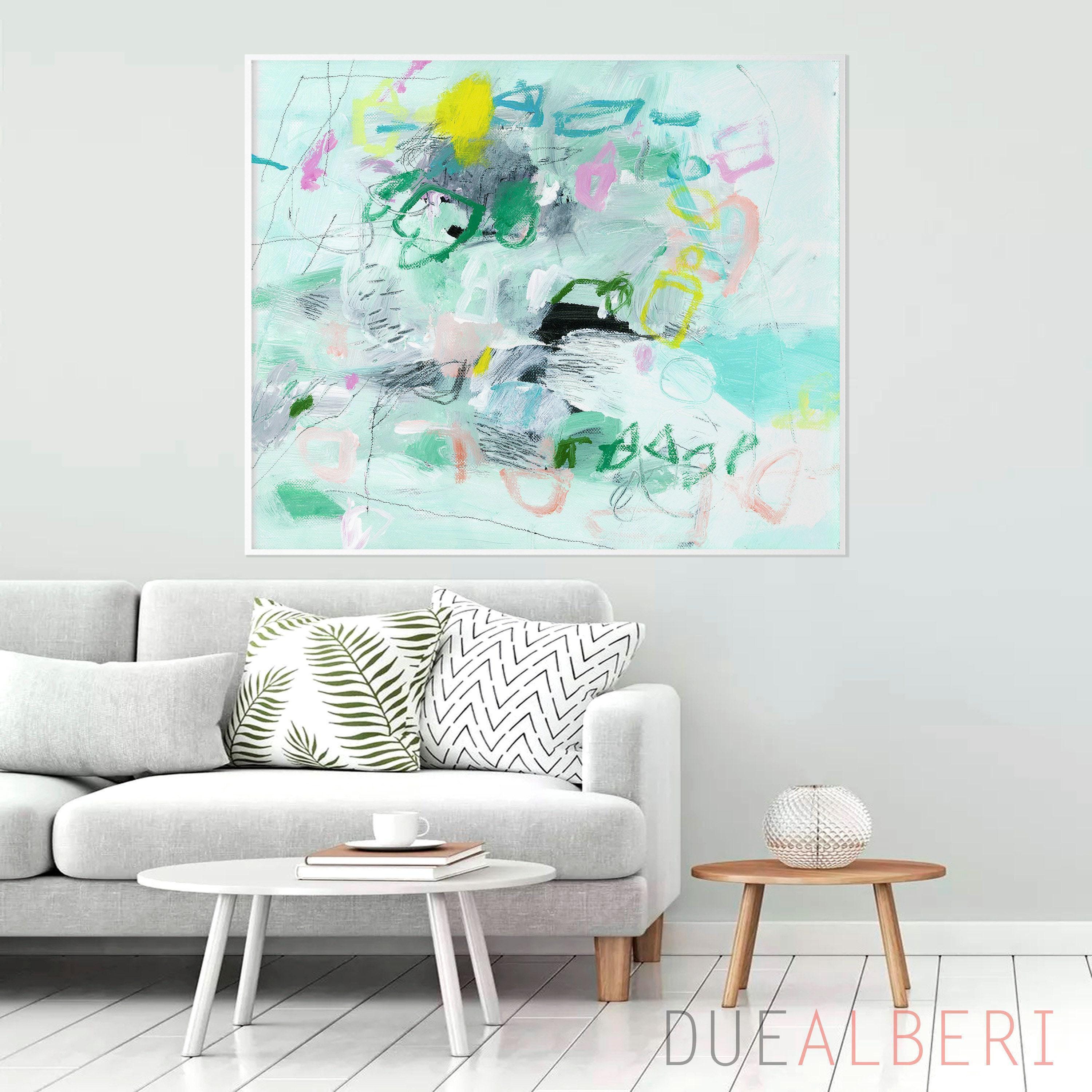 Mint Green Abstract Canvas Print, Teal Aqua Large Modern Wall Art