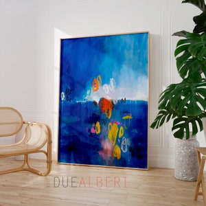 Large blue colorful large abstract painting print, modern dark blue abstract wall art print, Bright colorful trendy eclectic wall art
