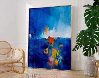 Large blue colorful large abstract painting print, modern dark blue abstract wall art print, Bright colorful trendy eclectic wall art