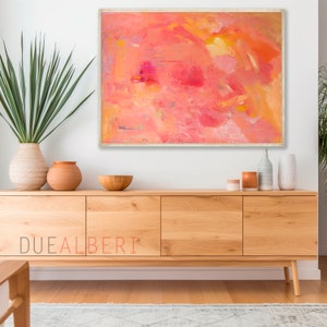 Oranje en roze abstract schilderij helder fucsia, grote abstracte muurkunst kleurrijke print, zacht koraalroze schilderij, pastelroze canvas print afbeelding 8