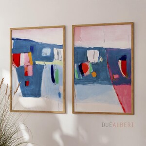Mid Century moderne abstrakte Malerei Print-Set, Pastell blau und rosa Wand-Dekor Bild 2