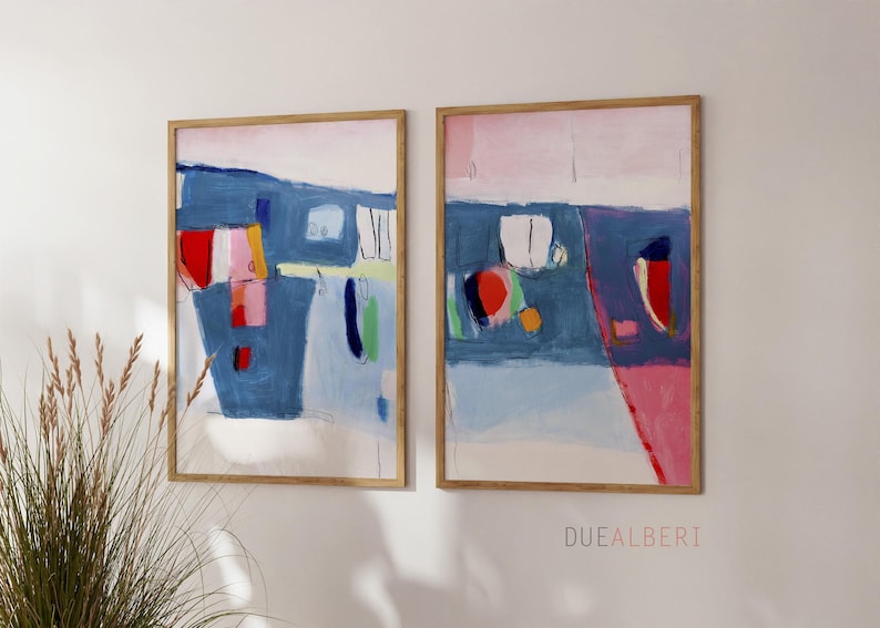 Mid Century moderne abstrakte Malerei Print-Set, Pastell blau und rosa Wand-Dekor Bild 2