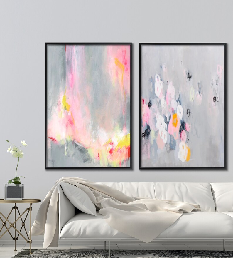 Pink and Grey Abstract Painting Set Set of Two Prints Pink Etsy