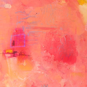 Oranje en roze abstract schilderij helder fucsia, grote abstracte muurkunst kleurrijke print, zacht koraalroze schilderij, pastelroze canvas print afbeelding 5