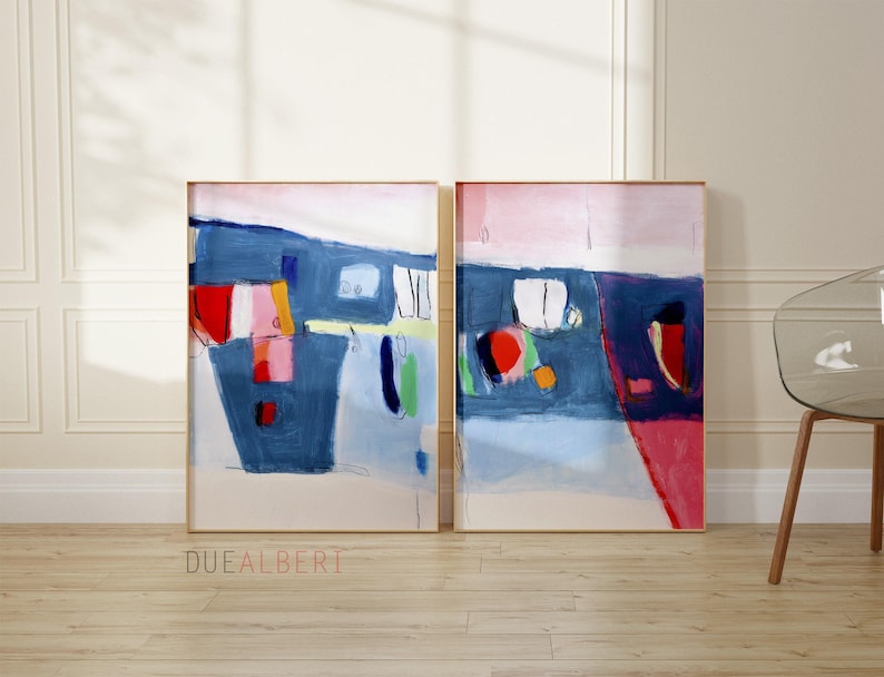 Mid Century moderne abstrakte Malerei Print-Set, Pastell blau und rosa Wand-Dekor Bild 6