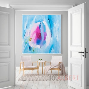 Abstract art print, Bright pastel blue and pink modern abstract painting, Statement living room wall art, Minimalist blue pink art image 5