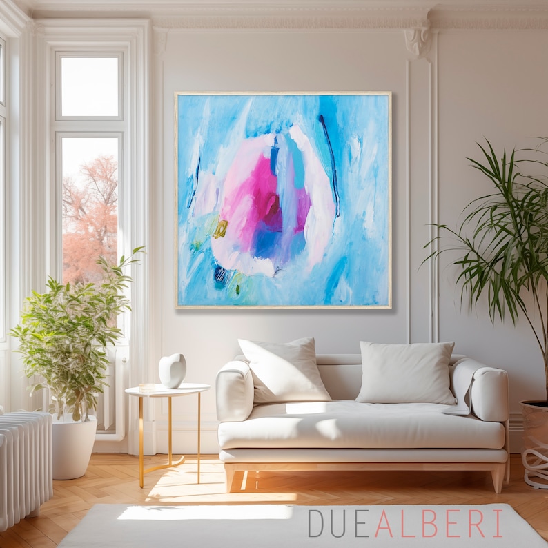 Abstract art print, Bright pastel blue and pink modern abstract painting, Statement living room wall art, Minimalist blue pink art image 10