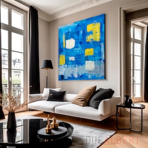 Arte de pared vibrante colorido, pintura abstracta moderna elegante, arte grande para salón, arte multicolor azul brillante